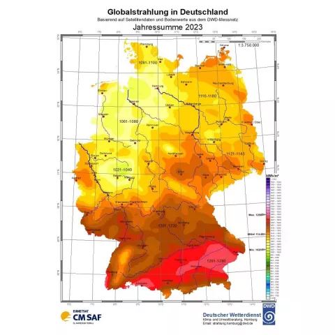 Die Grafik zeigt die Sonneneinstrahlungskarte des Deutschen Wetterdienstes mit der Jahresauswertung für 2023 komplett.